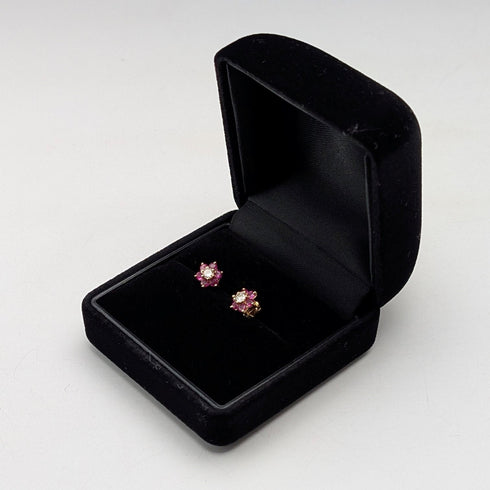 Antique 18K Gold Earrings with Diamonds, Rubies and Flowers