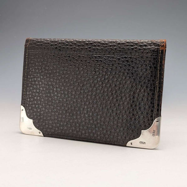1902 British antique sterling silver decorated leather bi-fold wallet PWS