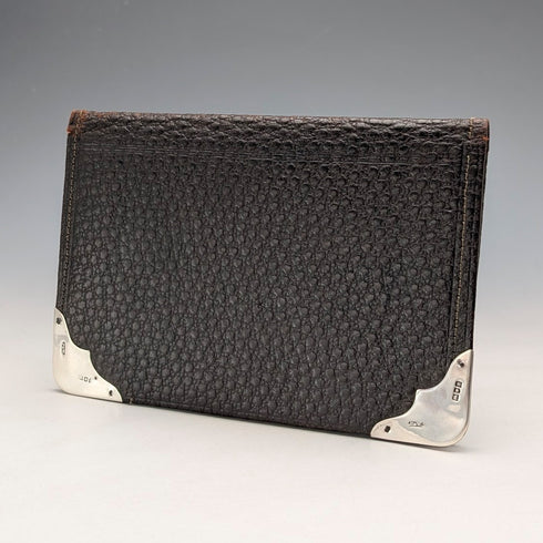 1902 British antique sterling silver decorated leather bi-fold wallet PWS