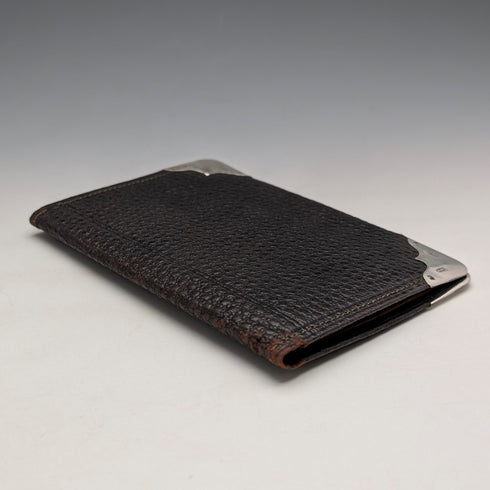 1902 British antique sterling silver decorated leather bi-fold wallet PWS