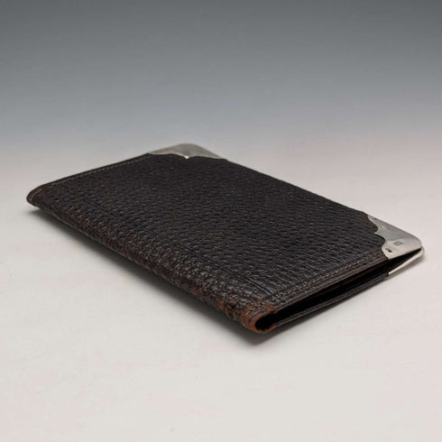 1902 British antique sterling silver decorated leather bi-fold wallet PWS
