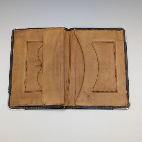 1902 British antique sterling silver decorated leather bi-fold wallet PWS