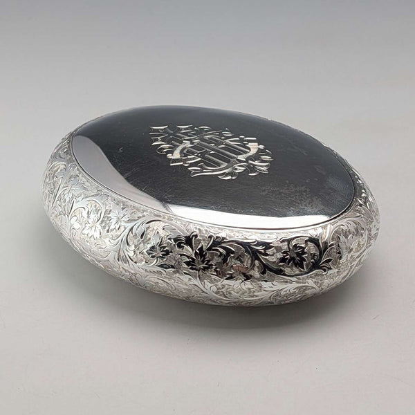 1890 British antique sterling silver oval snuff box 90g by Howard James