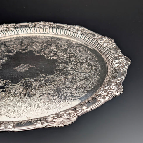 Vintage British silver plated round leg Salva, diameter 36cm