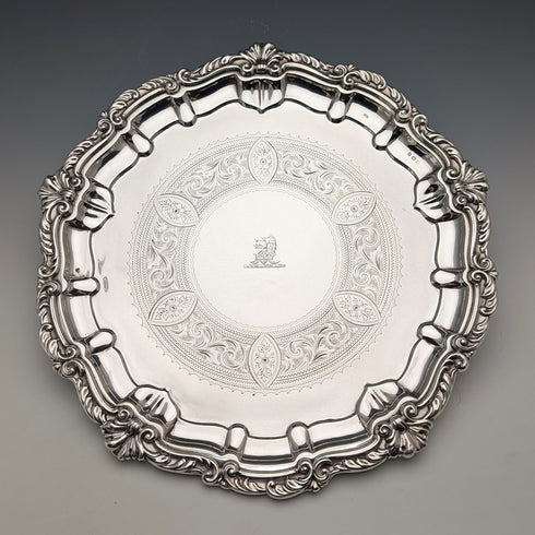 1908 British antique sterling silver salver, diameter 30cm, 624g, William Devenport