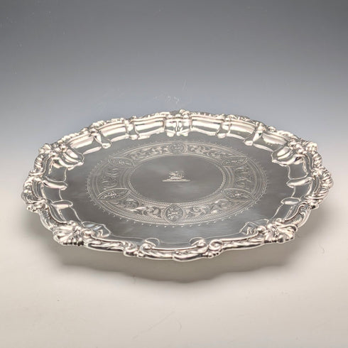 1908 British antique sterling silver salver, diameter 30cm, 624g, William Devenport