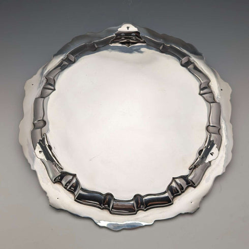 1908 British antique sterling silver salver, diameter 30cm, 624g, William Devenport