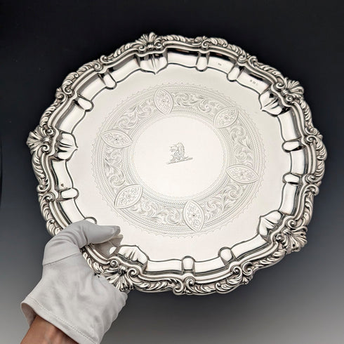 1908 British antique sterling silver salver, diameter 30cm, 624g, William Devenport