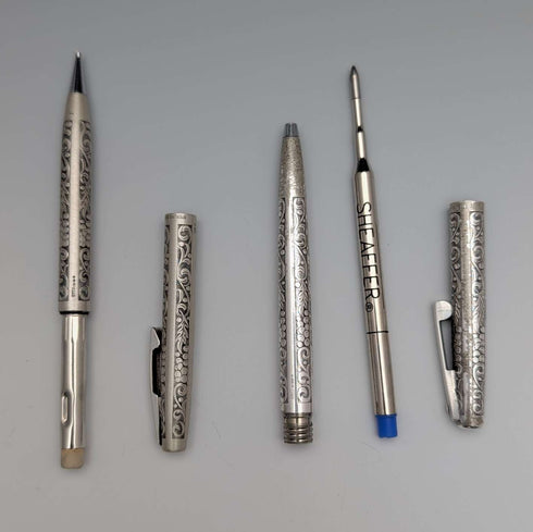 Vintage American Sheaffer sterling silver mechanical pencil and ballpoint pen set in case