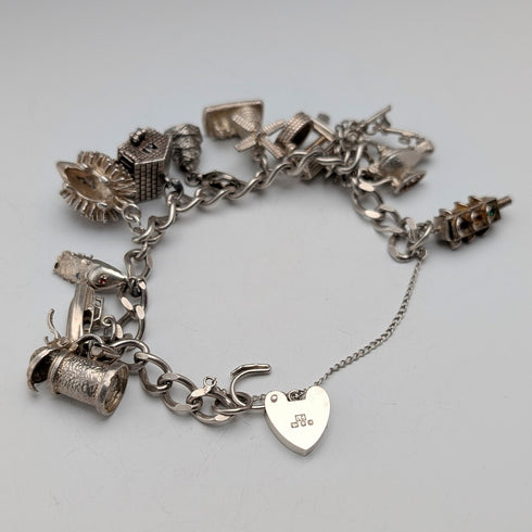 1975 British Vintage Sterling Silver Charm Bracelet 48g LC