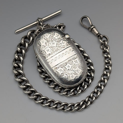 Circa 1900 British antique sterling silver Albert chain, 75g, with sterling silver Vesta case