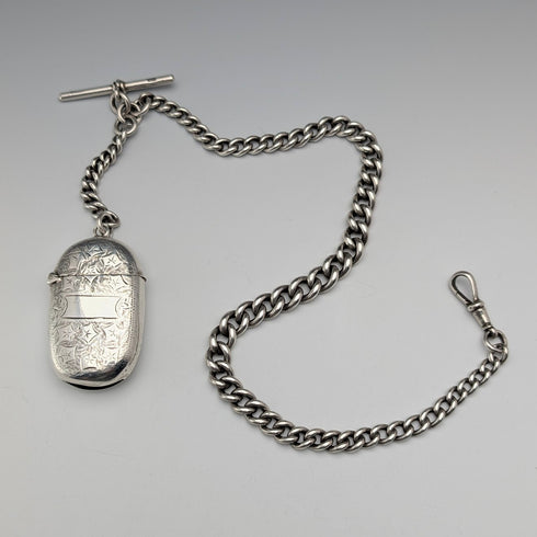 Circa 1900 British antique sterling silver Albert chain, 75g, with sterling silver Vesta case