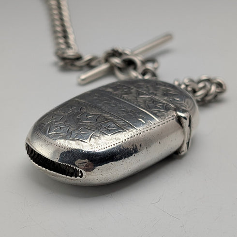 Circa 1900 British antique sterling silver Albert chain, 75g, with sterling silver Vesta case