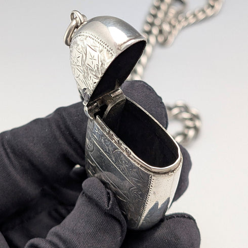 Circa 1900 British antique sterling silver Albert chain, 75g, with sterling silver Vesta case