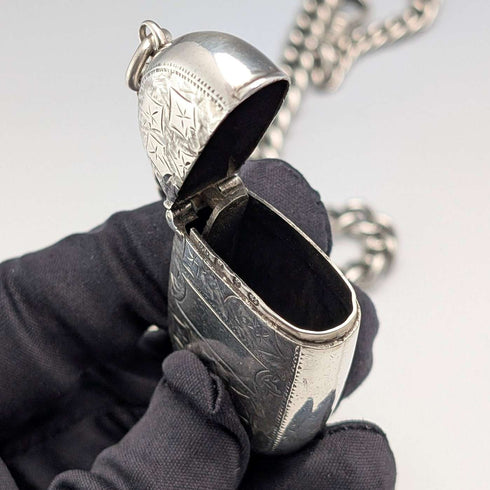 Circa 1900 British antique sterling silver Albert chain, 75g, with sterling silver Vesta case