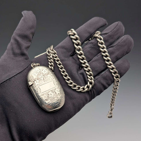 Circa 1900 British antique sterling silver Albert chain, 75g, with sterling silver Vesta case