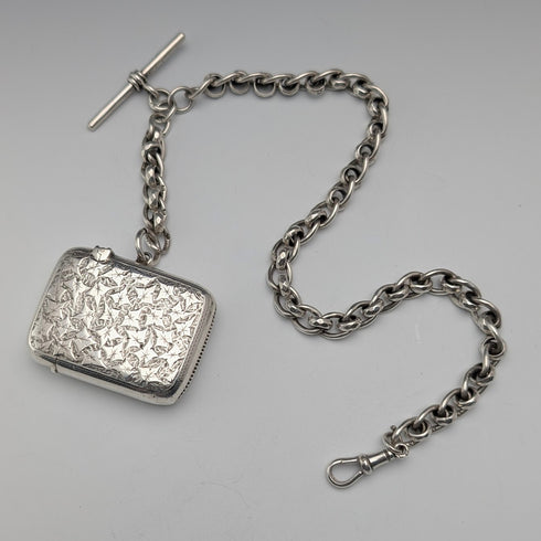 Circa 1900 British antique sterling silver Albert chain, 80g, with sterling silver Vesta case