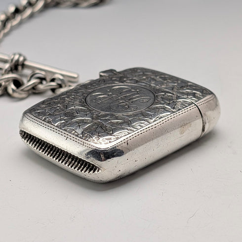 Circa 1900 British antique sterling silver Albert chain, 80g, with sterling silver Vesta case
