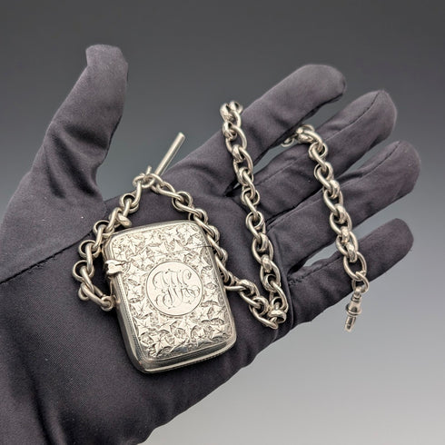 Circa 1900 British antique sterling silver Albert chain, 80g, with sterling silver Vesta case