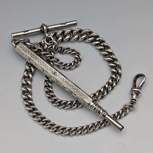 Circa 1900 British antique sterling silver Albert chain, 38g, with push-type pencil