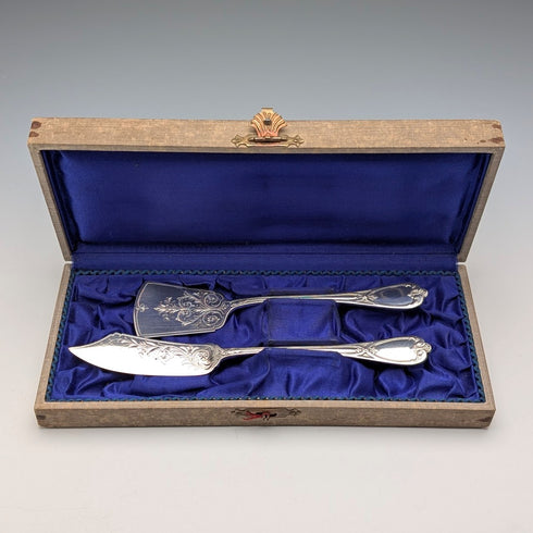 Early 20th century German antique 800 silver pastry server pair in case