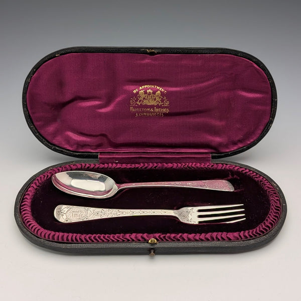 1869 British antique sterling silver christening cutlery pair, 55g total, case included, HJ Lias&Son