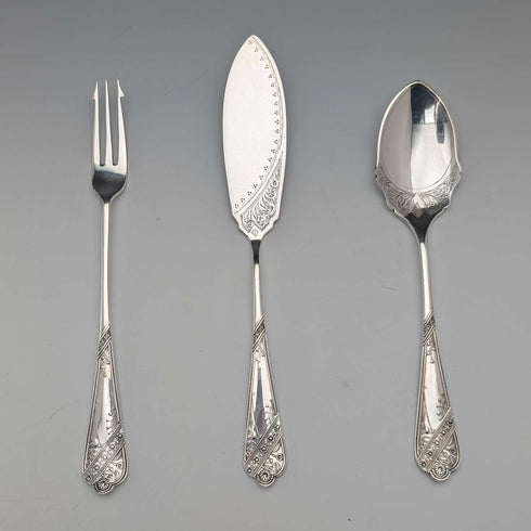 Antique British silver plate dessert cutlery trio by Barker Brothers, in case