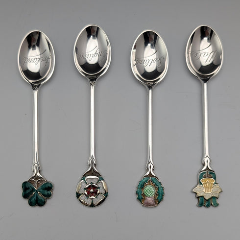 1967 British Vintage Enamel Decorated Sterling Silver Coffee Spoons x 4, Total 48g, Turner & Simpson, Case Included