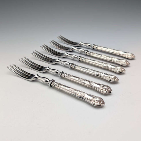 1973 British Vintage Sterling Silver Handle Dessert Fork x6 Harrison Brothers Case Included