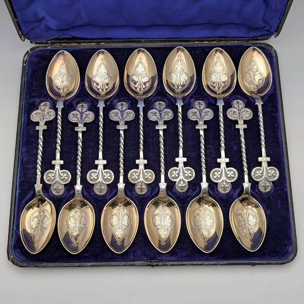 約 1850 年英國古董鍍銀甜點湯匙 x12 Jehoiada Alsop Rhodes 含盒