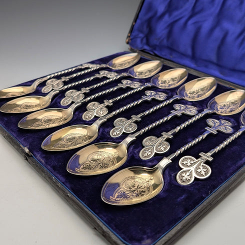 1850年頃 英国アンティーク シルバープレート製 デザートスプーンx12 Jehoiada Alsop Rhodes ケース入