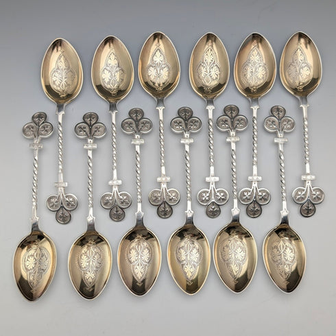 12 antique British silver plate dessert spoons from around 1850, Jehoiada Alsop Rhodes, in case