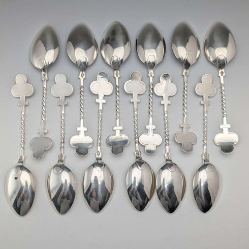 12 antique British silver plate dessert spoons from around 1850, Jehoiada Alsop Rhodes, in case