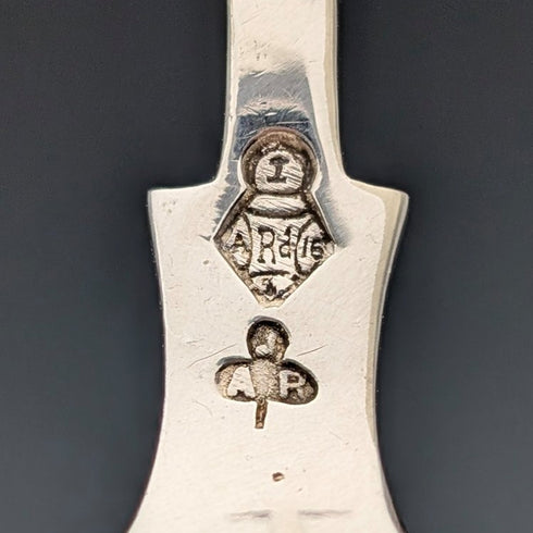 12 antique British silver plate dessert spoons from around 1850, Jehoiada Alsop Rhodes, in case
