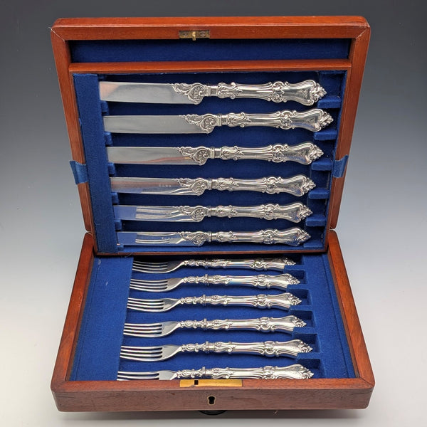 Circa 1850 British antique sterling silver handle cutlery set of 6 by Charles Needham in wooden box