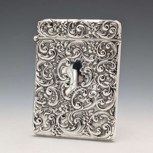 1902 British antique sterling silver embossed card case, 52g, Henry Matthews