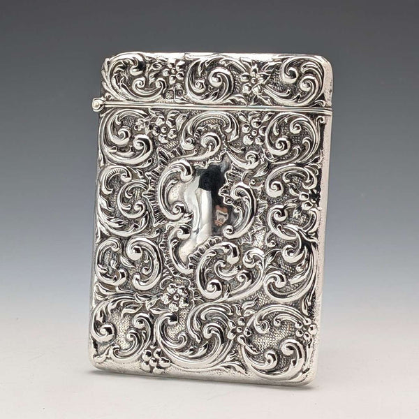 1902 British antique sterling silver embossed card case, 52g, Henry Matthews