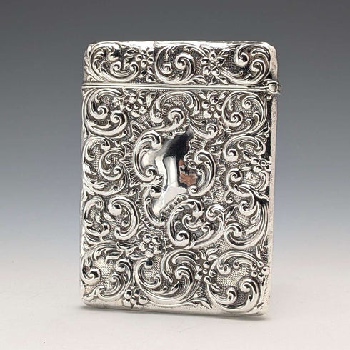 1902 British antique sterling silver embossed card case, 52g, Henry Matthews
