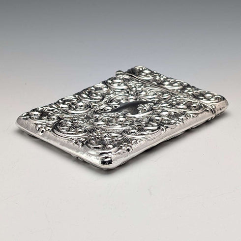 1902 British antique sterling silver embossed card case, 52g, Henry Matthews