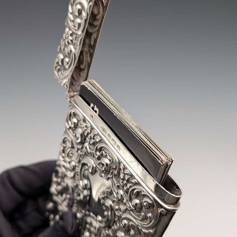 1902 British antique sterling silver embossed card case, 52g, Henry Matthews