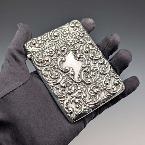 1902 British antique sterling silver embossed card case, 52g, Henry Matthews