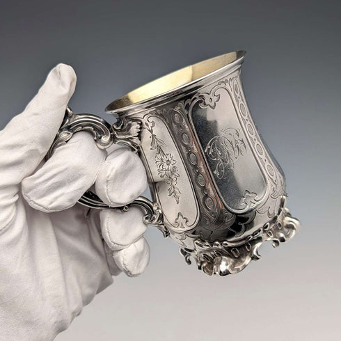 1864 British antique sterling silver mug 131g Edward & John Barnard