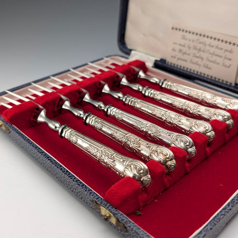 1973 British Vintage Sterling Silver Handle Dessert Fork x6 Harrison Brothers Case Included