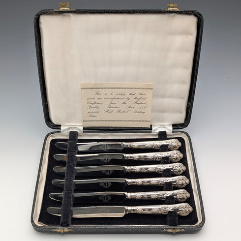 1961 British Vintage Pure Silver Handle Tea Knife x6 FB Case