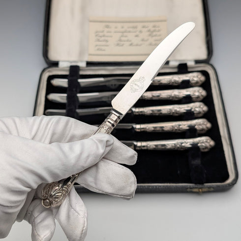 1961 British Vintage Pure Silver Handle Tea Knife x6 FB Case