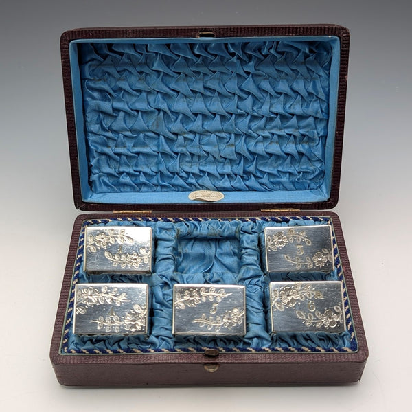 約 1900 年英國古董鍍銀餐巾環 5 件套帶盒