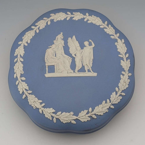 Vintage British Wedgwood Jasperware Round Box for Small Items, Pale Blue