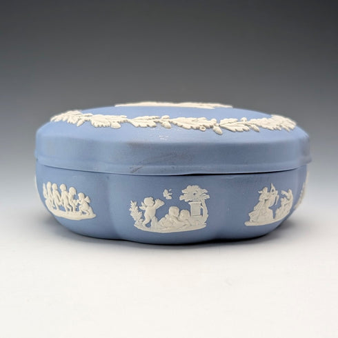 Vintage British Wedgwood Jasperware Round Box for Small Items, Pale Blue