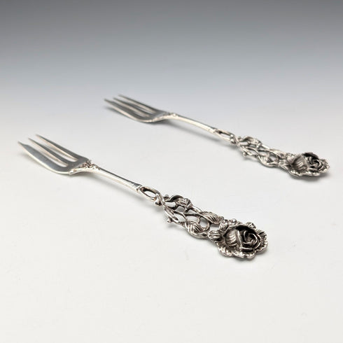 German vintage 835 silver dessert fork pair with rose engraving by August Betz