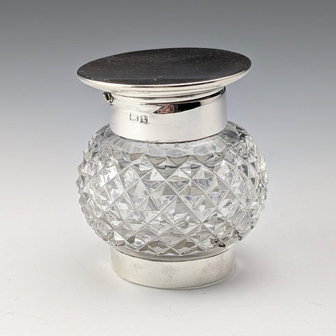1905年 英国アンティーク 純銀蓋&カットガラス製 インク壺 Colen Hewer Cheshire